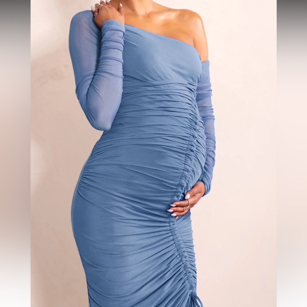 Sweet Dreams | Powder Blue Maternity Asymmetric Ruched Midi Dress
US6